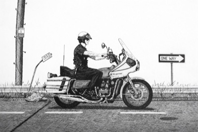 Solo - Pen and ink drawing of a Greensboro police solo officer on patrol motorcycle