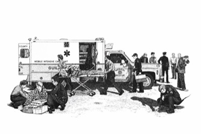 Clearing the Scene - Pen and ink drawing depicting first responders at an emergency scene